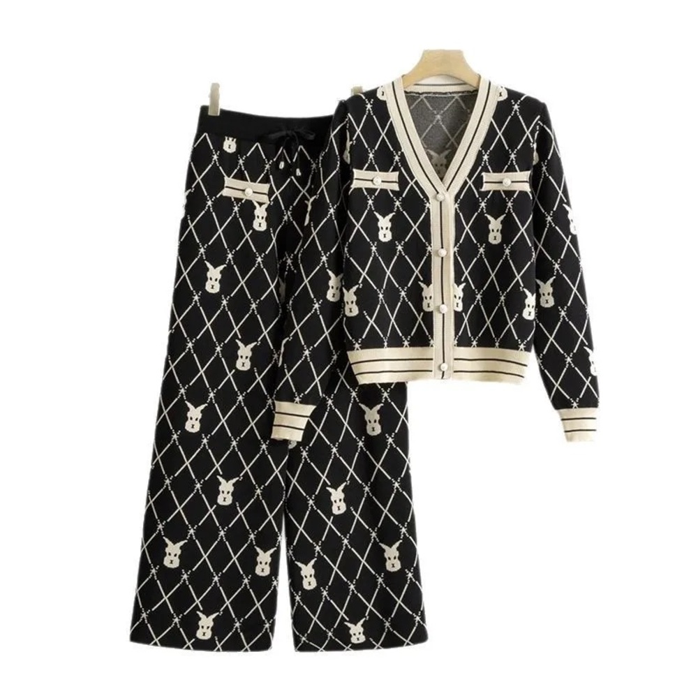 Black and Cream Cardigan and Pants Set